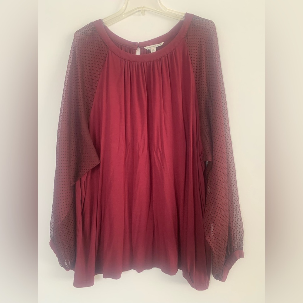 Zac & Rachel Woman Burgundy Top Blouse Size 3X Long Sheer Sleeves Pullover
